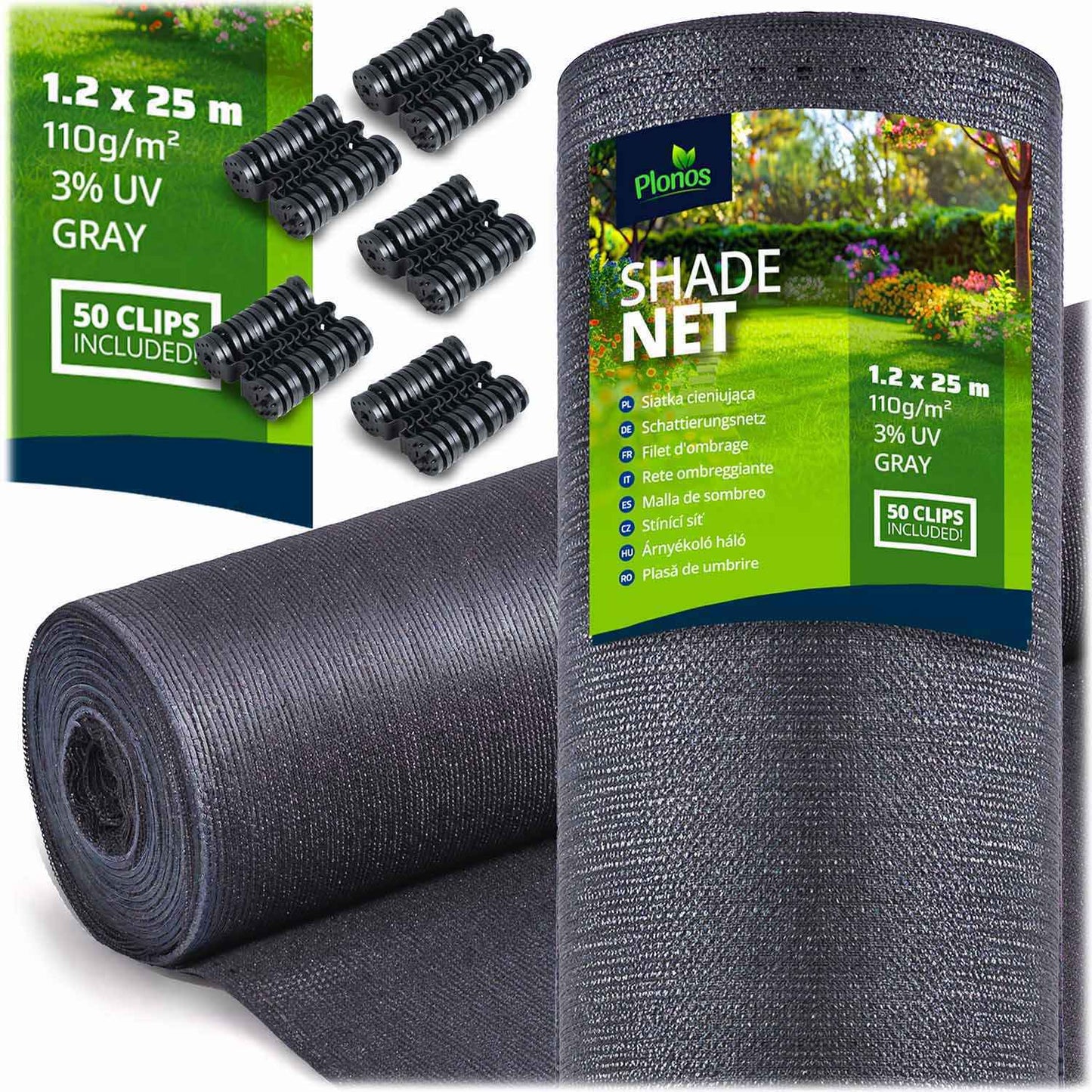 Shade net 1.2x25m 110g/m2 + 50 clamps gray