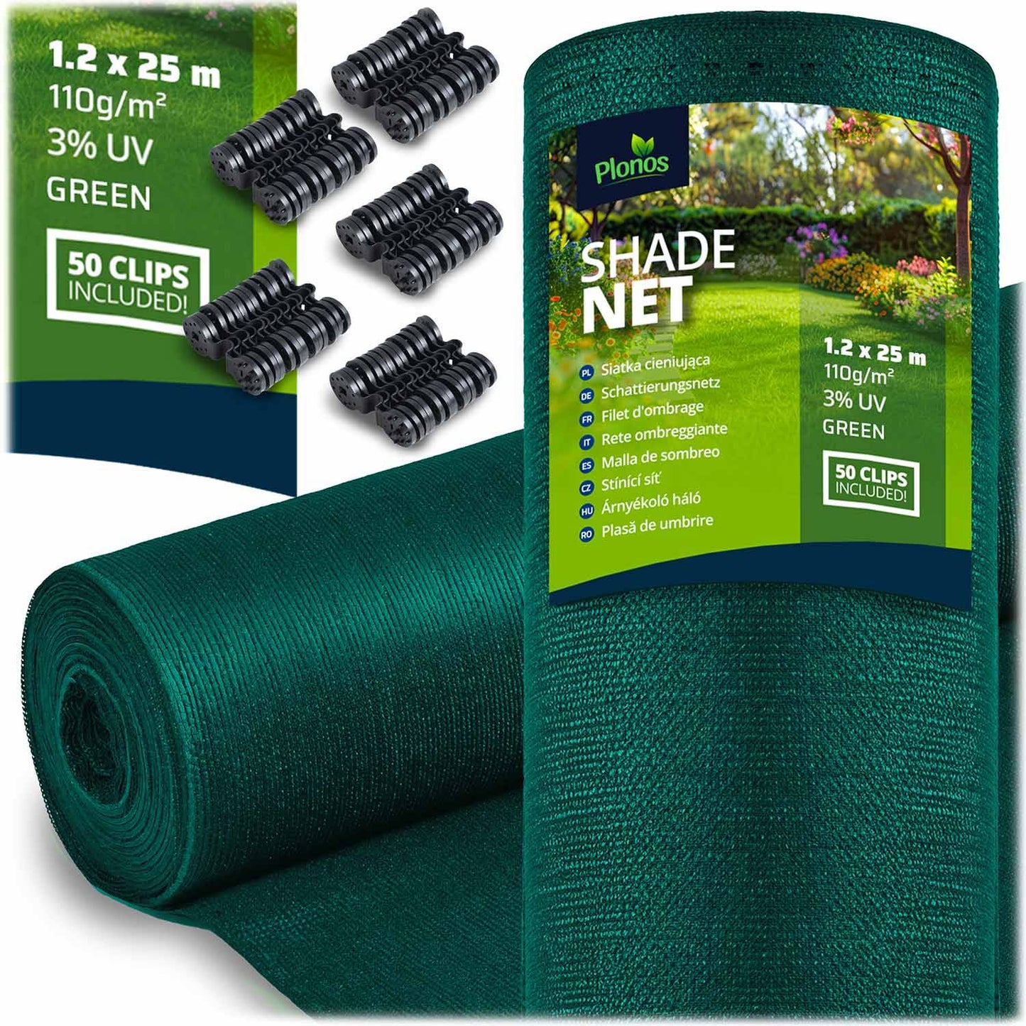 Shade net 1.2x25m 110g/m2 + 50 clamps green