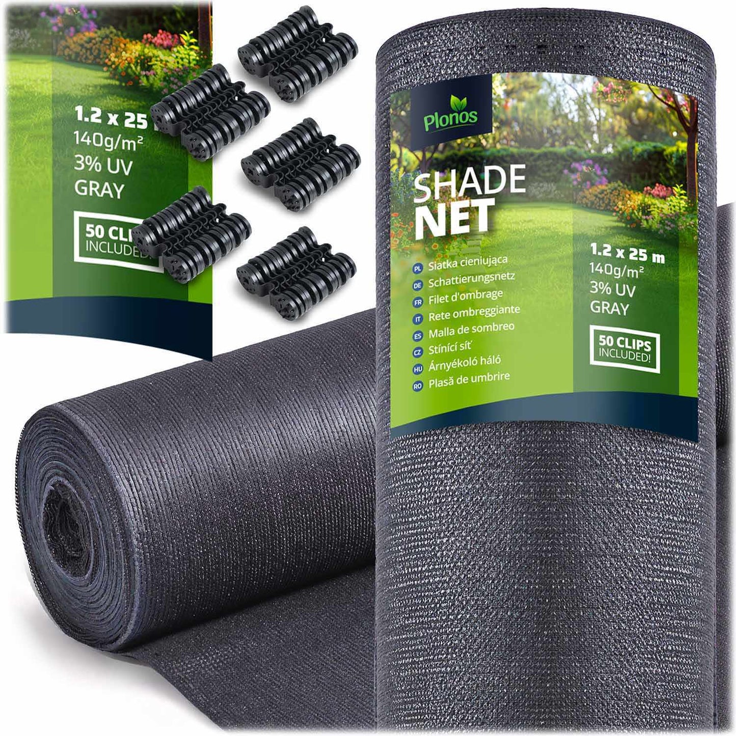Shade net 1.2x25m 140g/m2 + 50 clamps gray