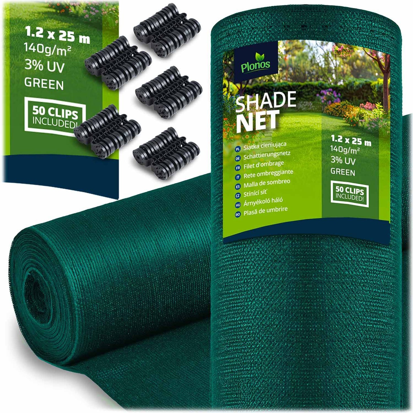 Shade net 1.2x25m 140g/m2 + 50 clamps green