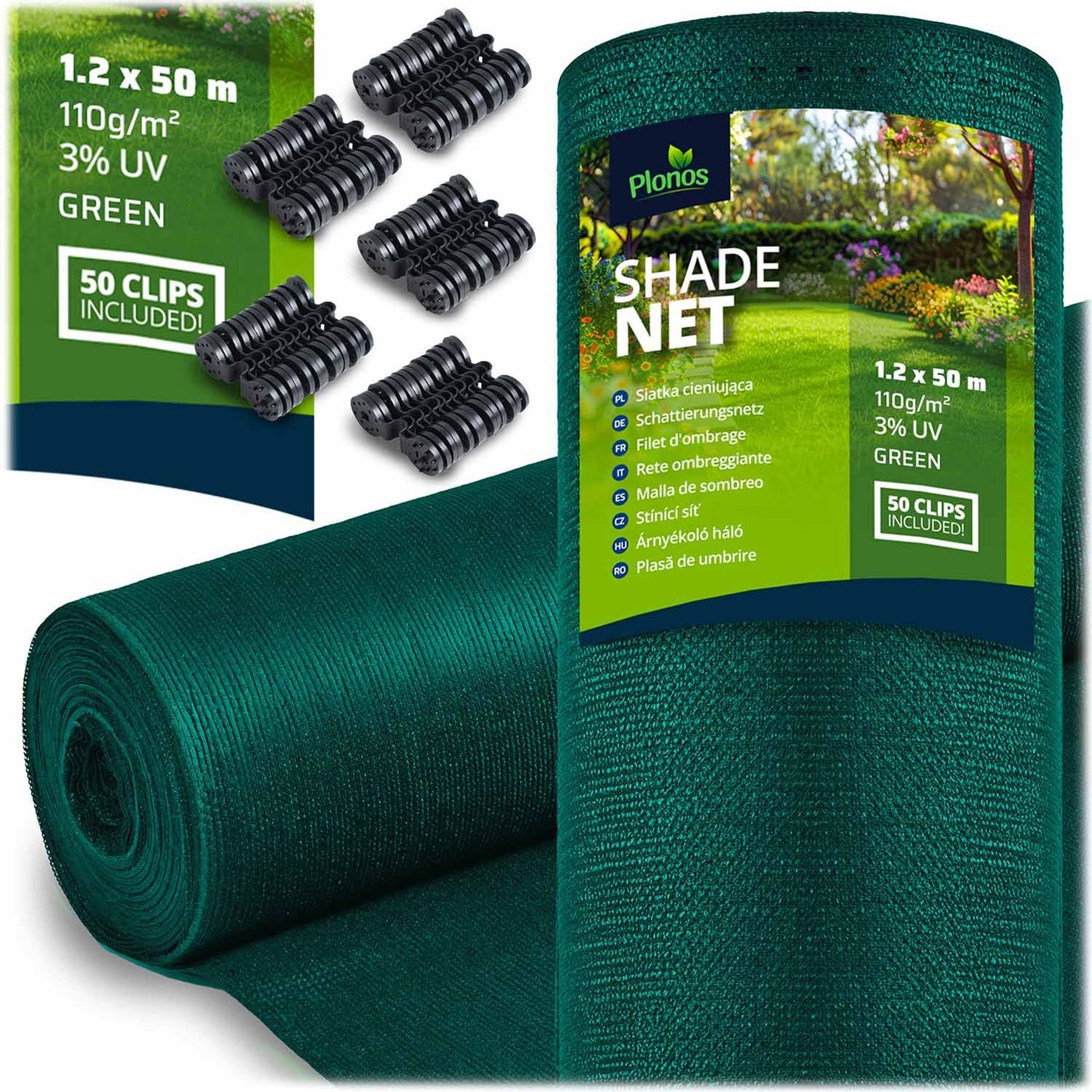 Shade net 1.2x50m 110g/m2 + 50 clamps green