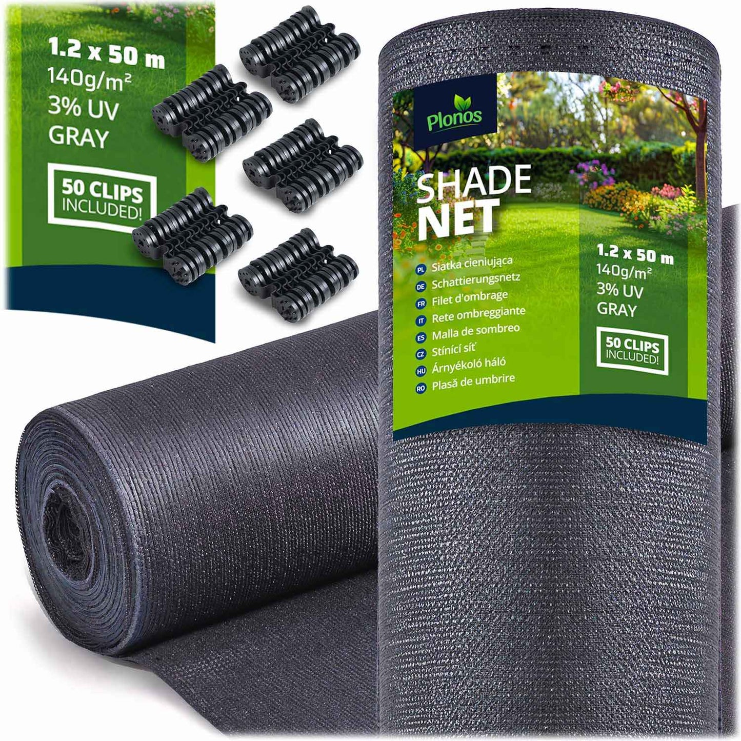 Shade net 1.2x50m 140g/m2 + 50 clamps gray