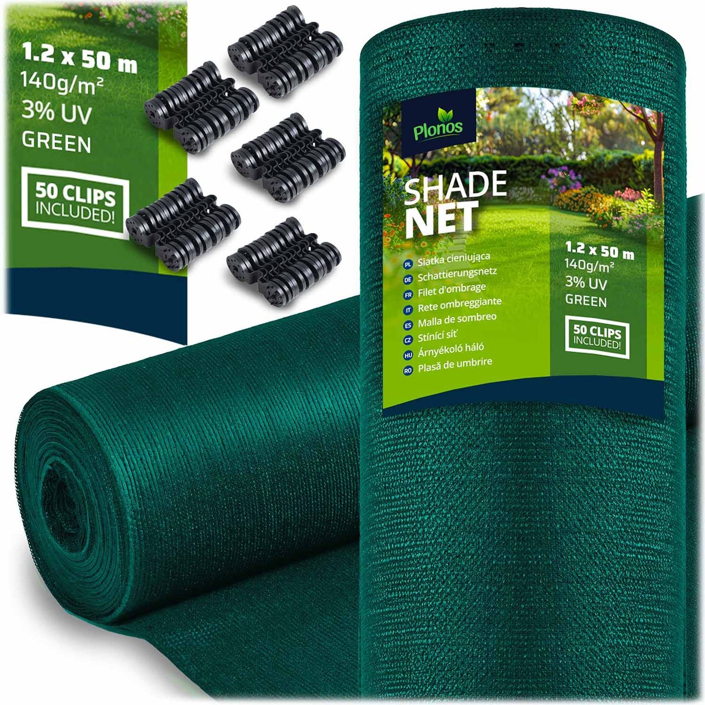 Shade net 1.2x50m 140g/m2 + 50 clamps green