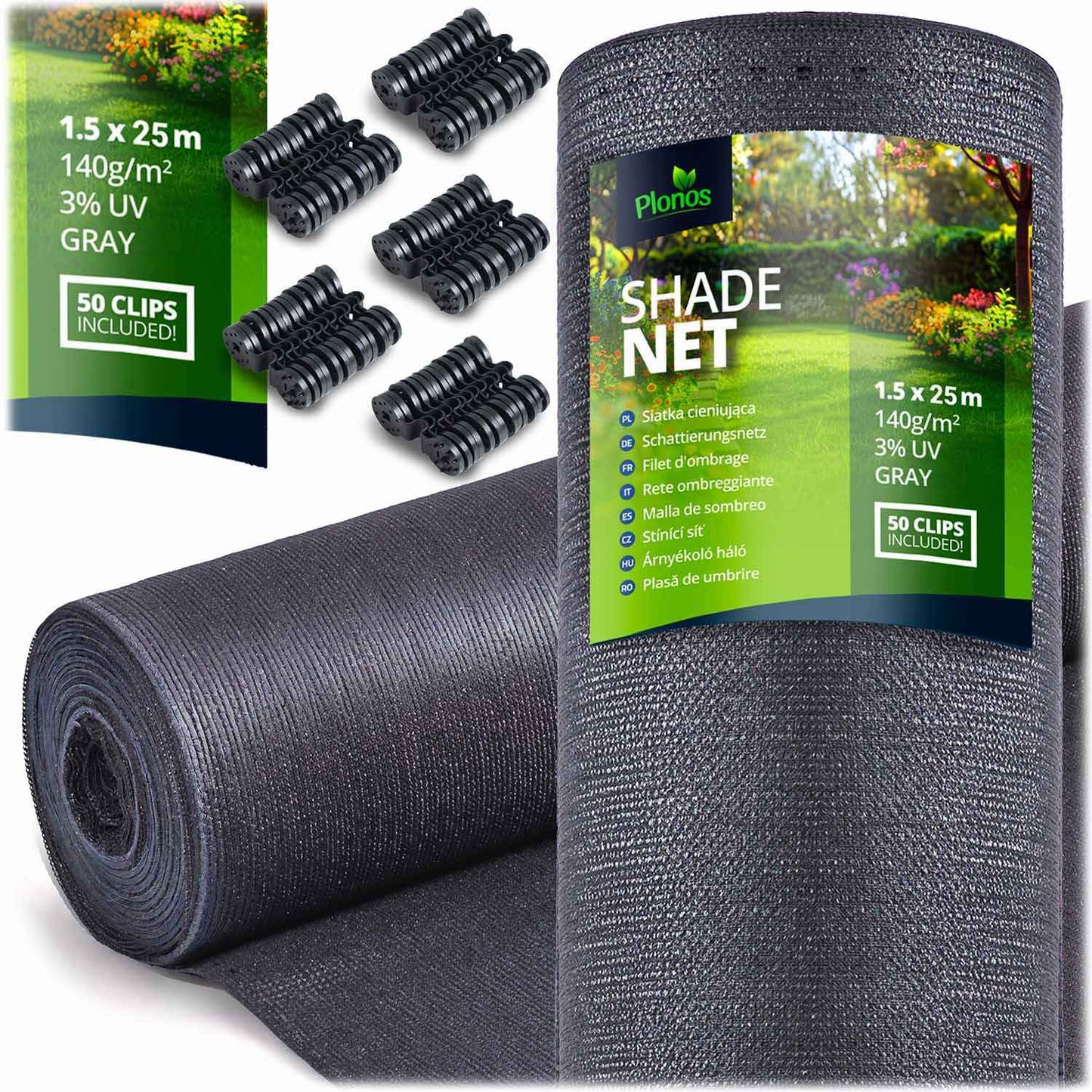 Shade net 1.5x25m 140g/m2 + 50 clamps gray