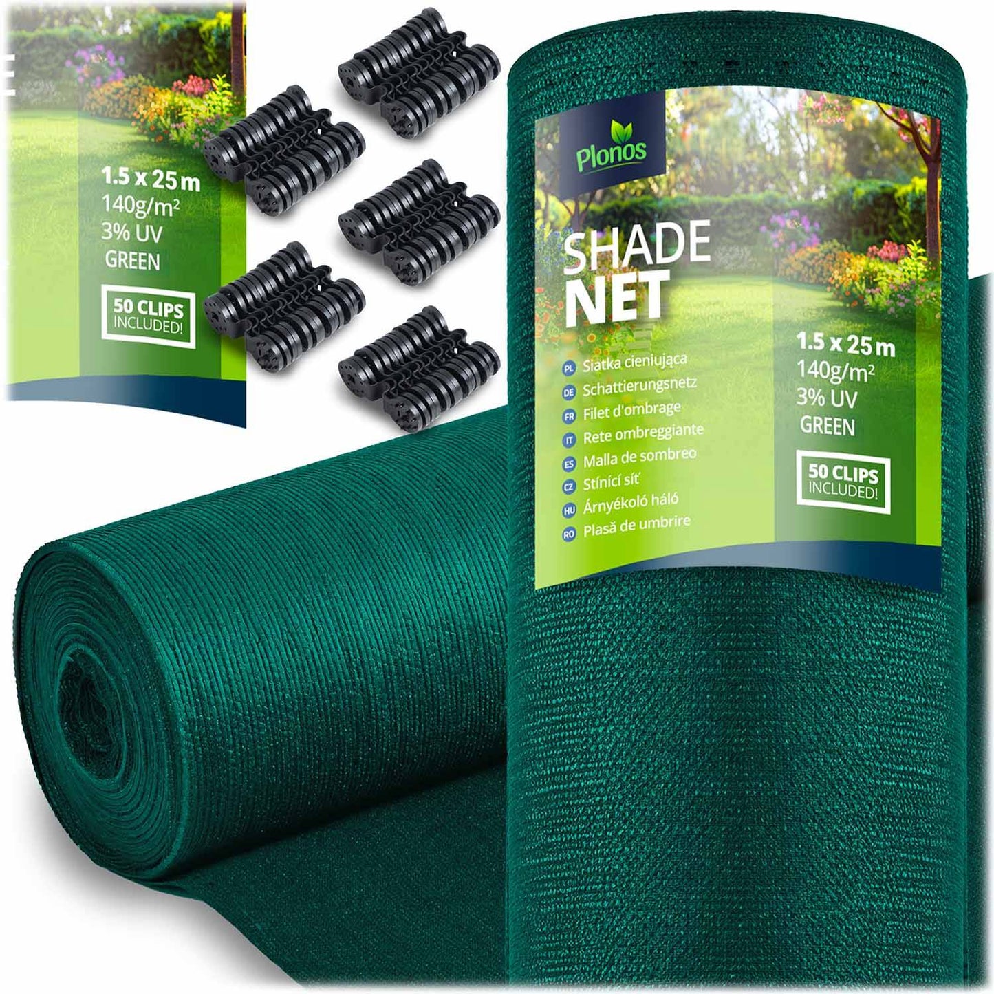 Shade net 1.5x25m 140g/m2 + 50 clamps green