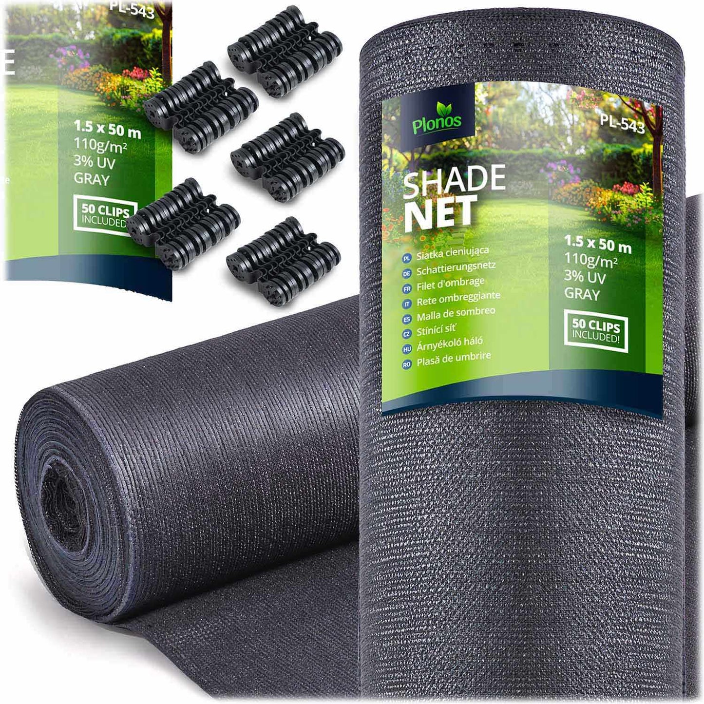 Shade net 1.5x50m 110g/m2 + 50 clamps gray