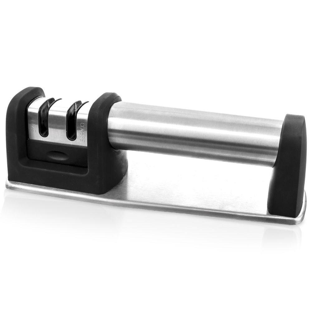 Sharpening tool for steel and ceramic knives with two sharpening blades