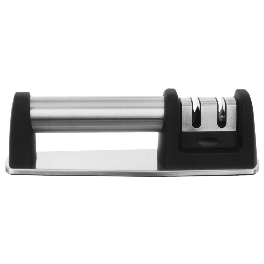 Sharpening tool for steel and ceramic knives with two sharpening blades