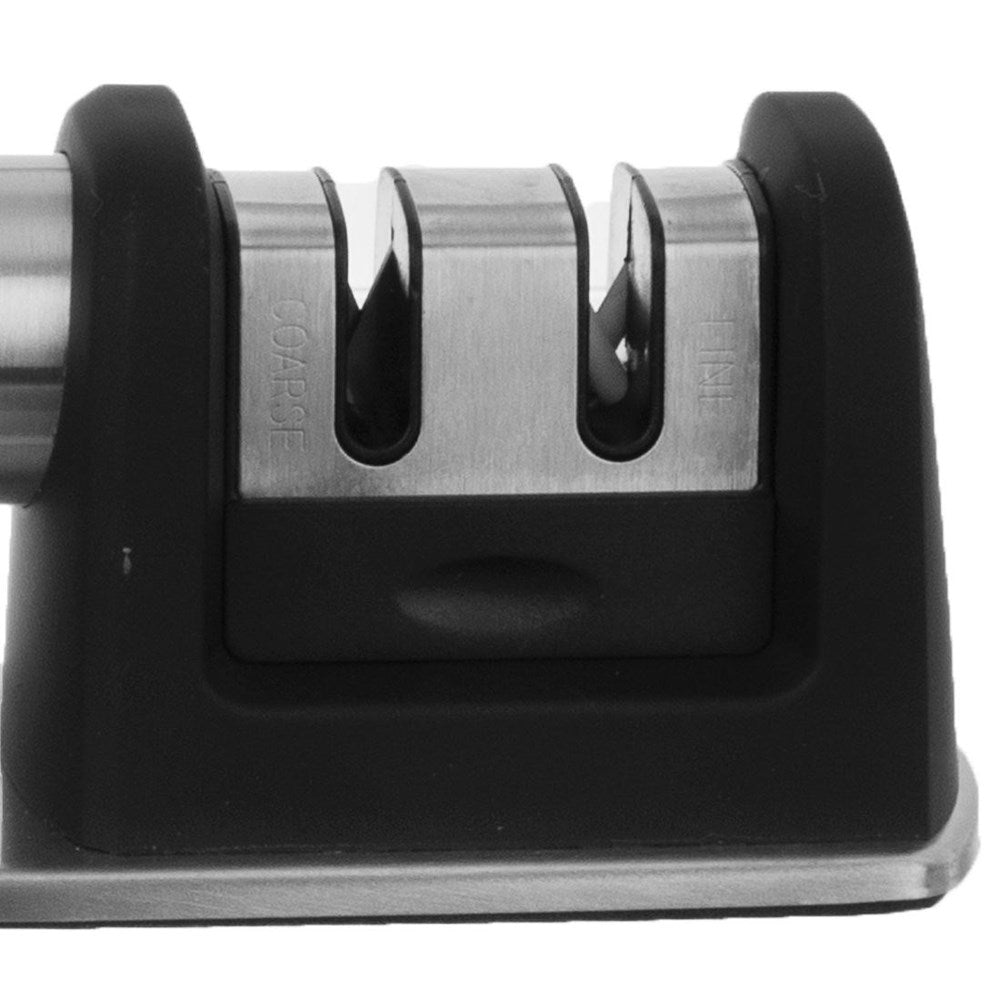 Sharpening tool for steel and ceramic knives with two sharpening blades