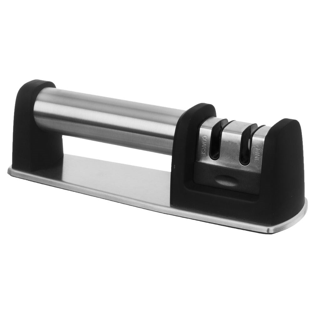 Sharpening tool for steel and ceramic knives with two sharpening blades