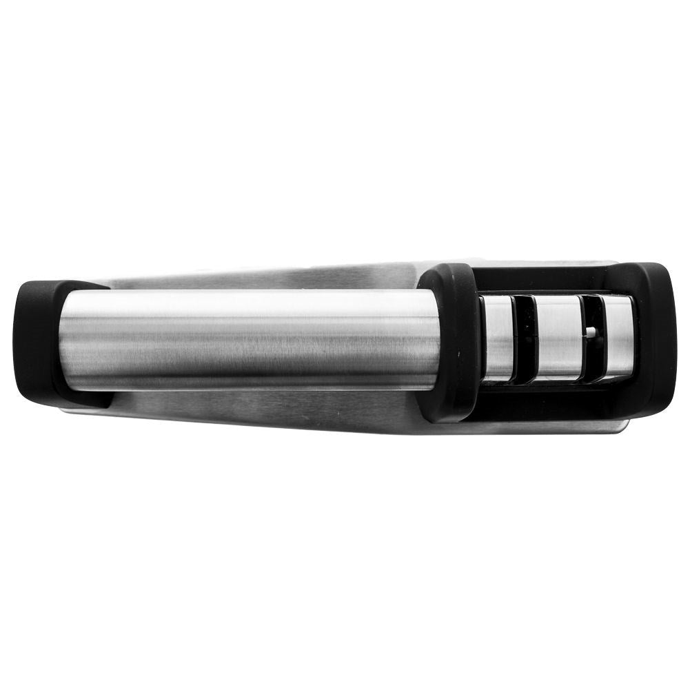 Sharpening tool for steel and ceramic knives with two sharpening blades