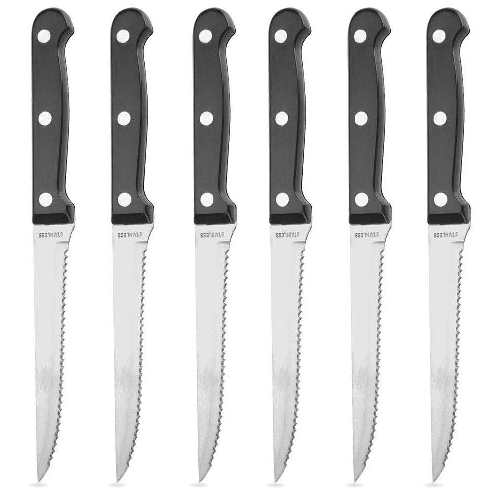 Sharp steak knives with serrated blades and robust handles