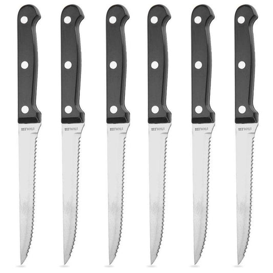 Sharp steak knives with serrated blades and robust handles