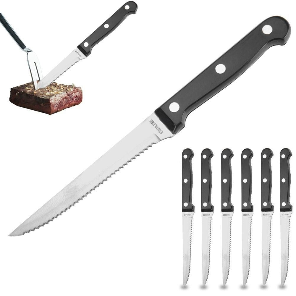Sharp steak knives with serrated blades and robust handles