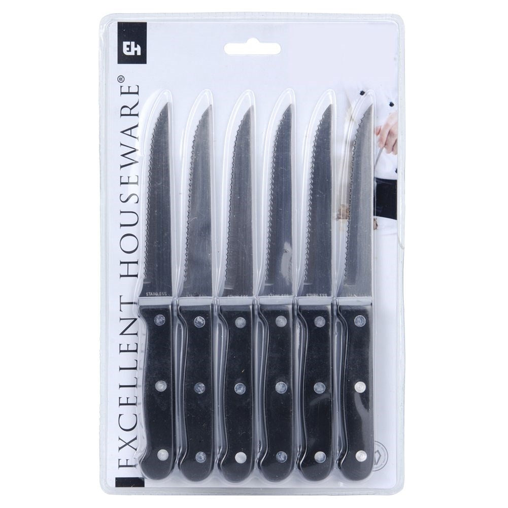 Sharp steak knives with serrated blades and robust handles