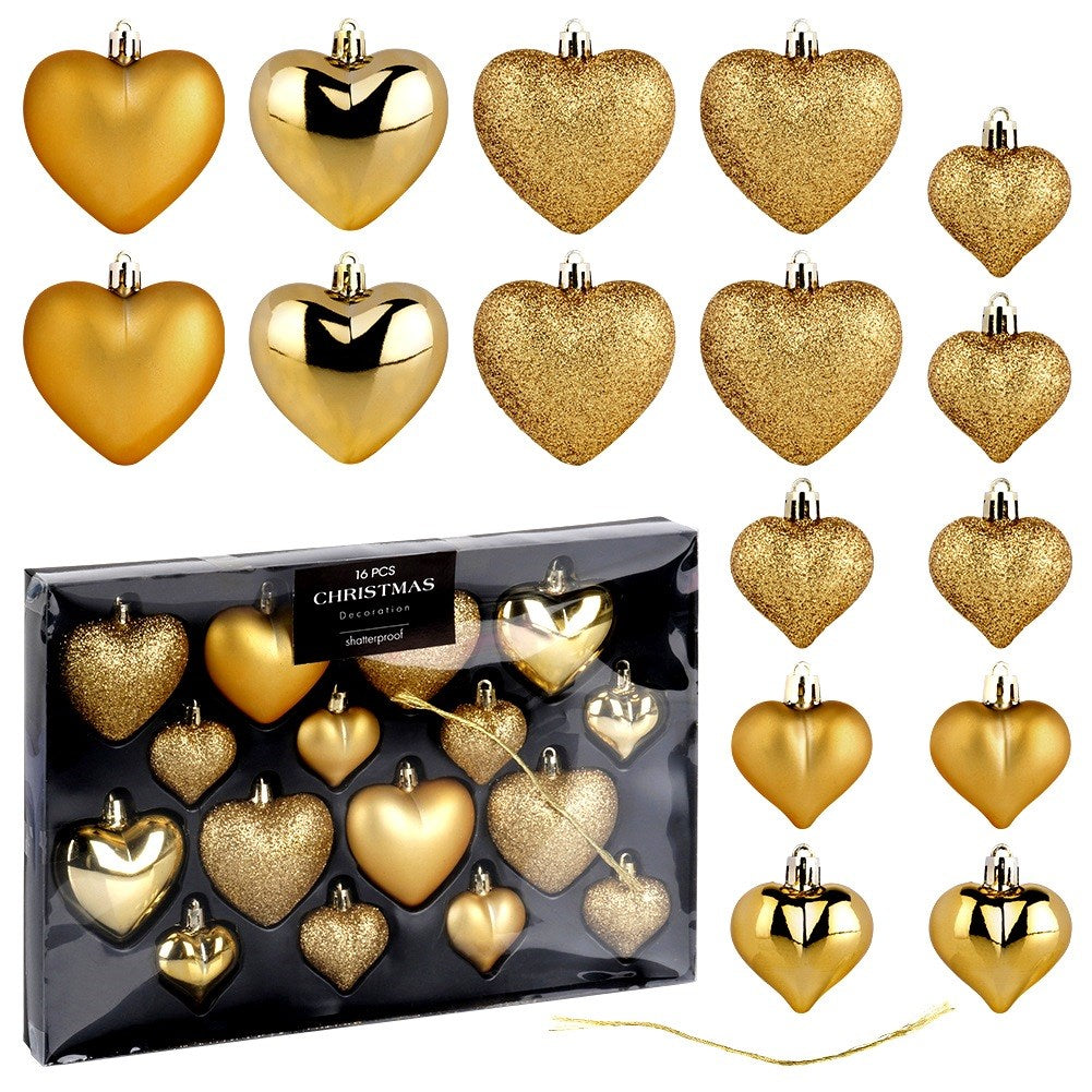 Shatterproof Christmas baubles hearts gold 6.5/4.5 cm 16 pcs.