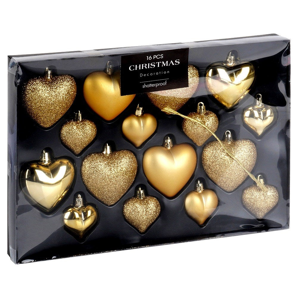 Shatterproof Christmas baubles hearts gold 6.5/4.5 cm 16 pcs.
