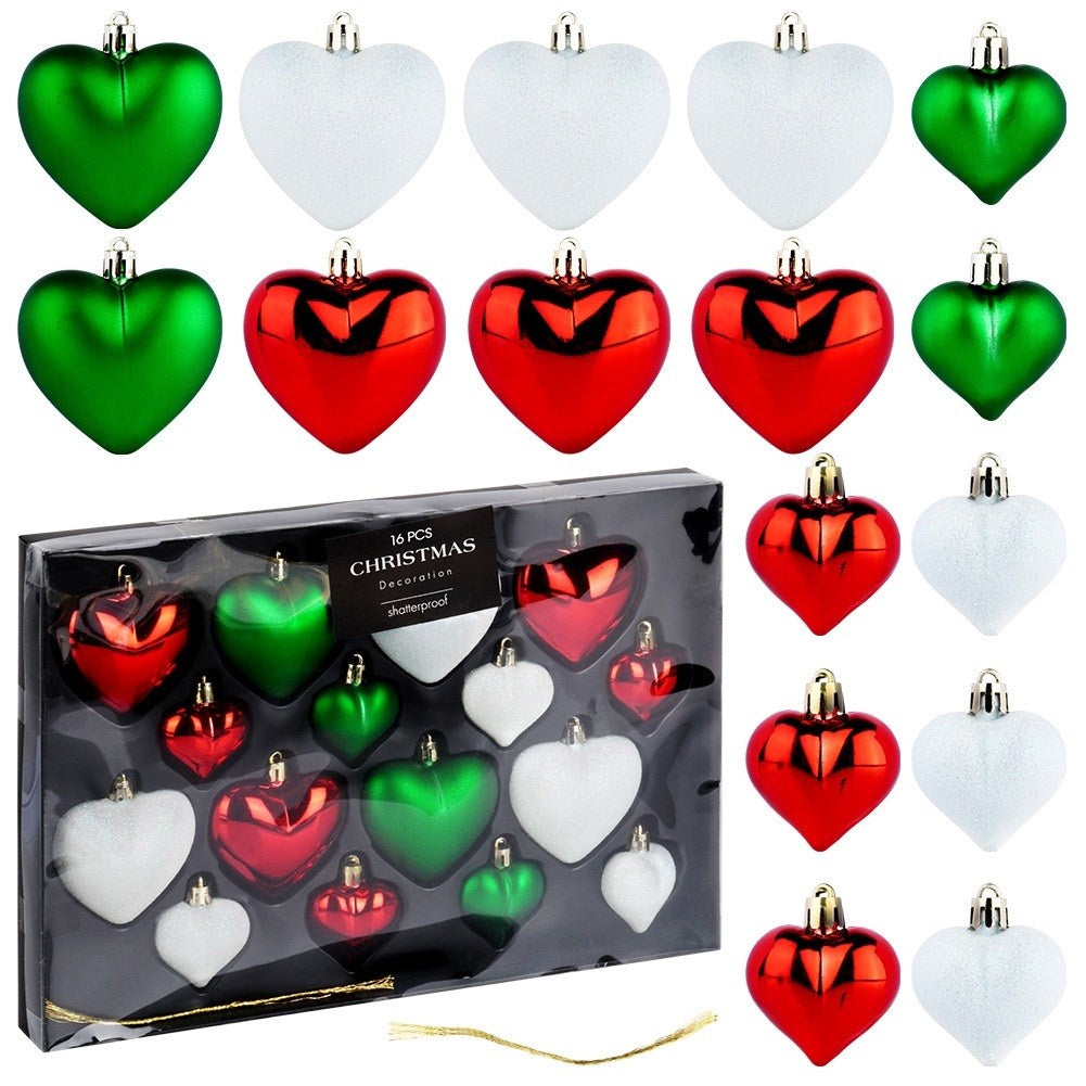 Shatterproof Christmas baubles hearts red green white 6.5/4.5 cm 16 pcs.