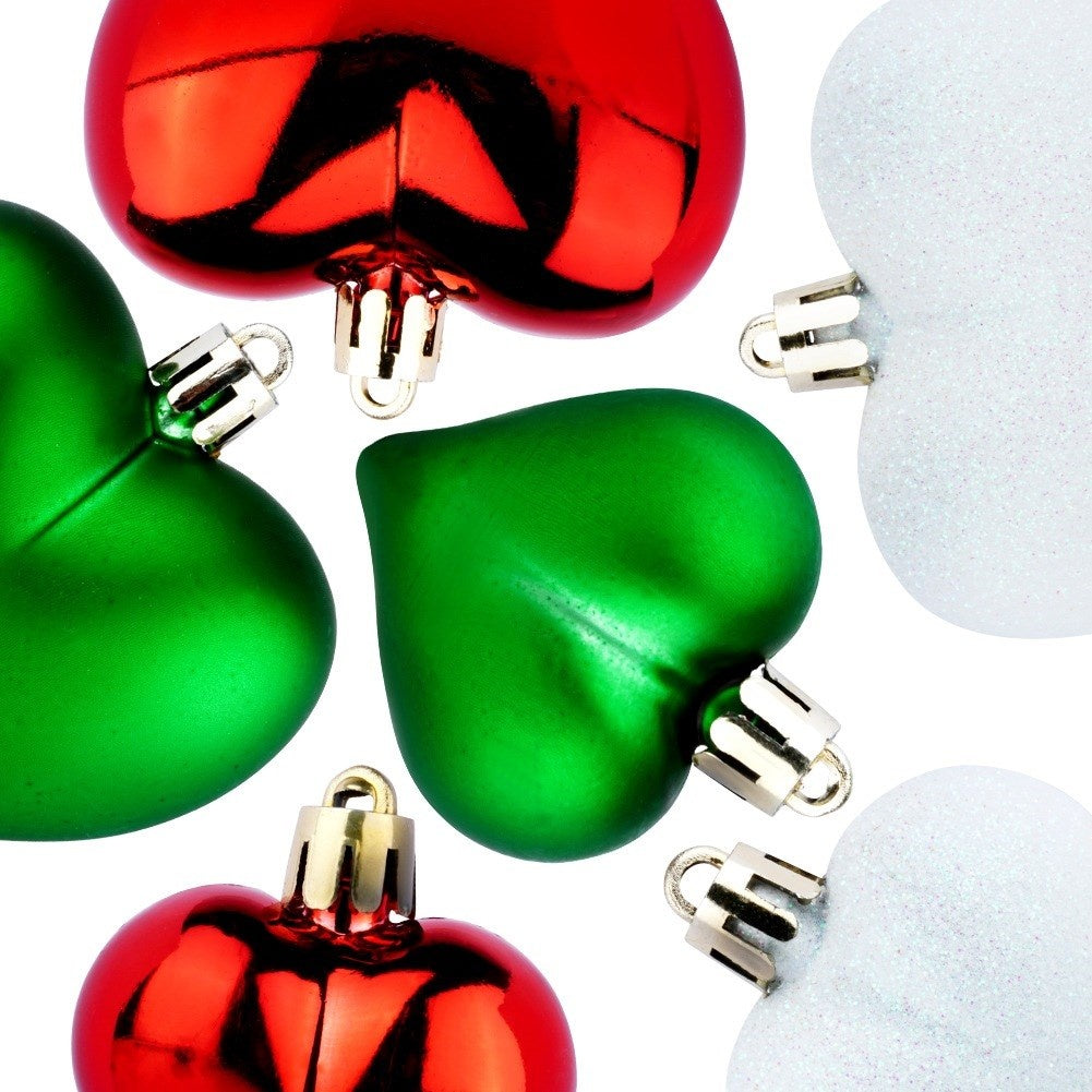 Shatterproof Christmas baubles hearts red green white 6.5/4.5 cm 16 pcs.