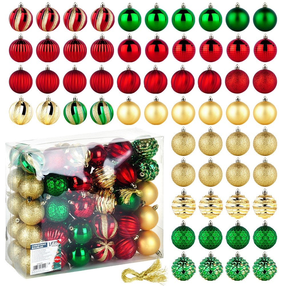 Shatterproof Christmas baubles red green gold 6 cm 60 pcs.