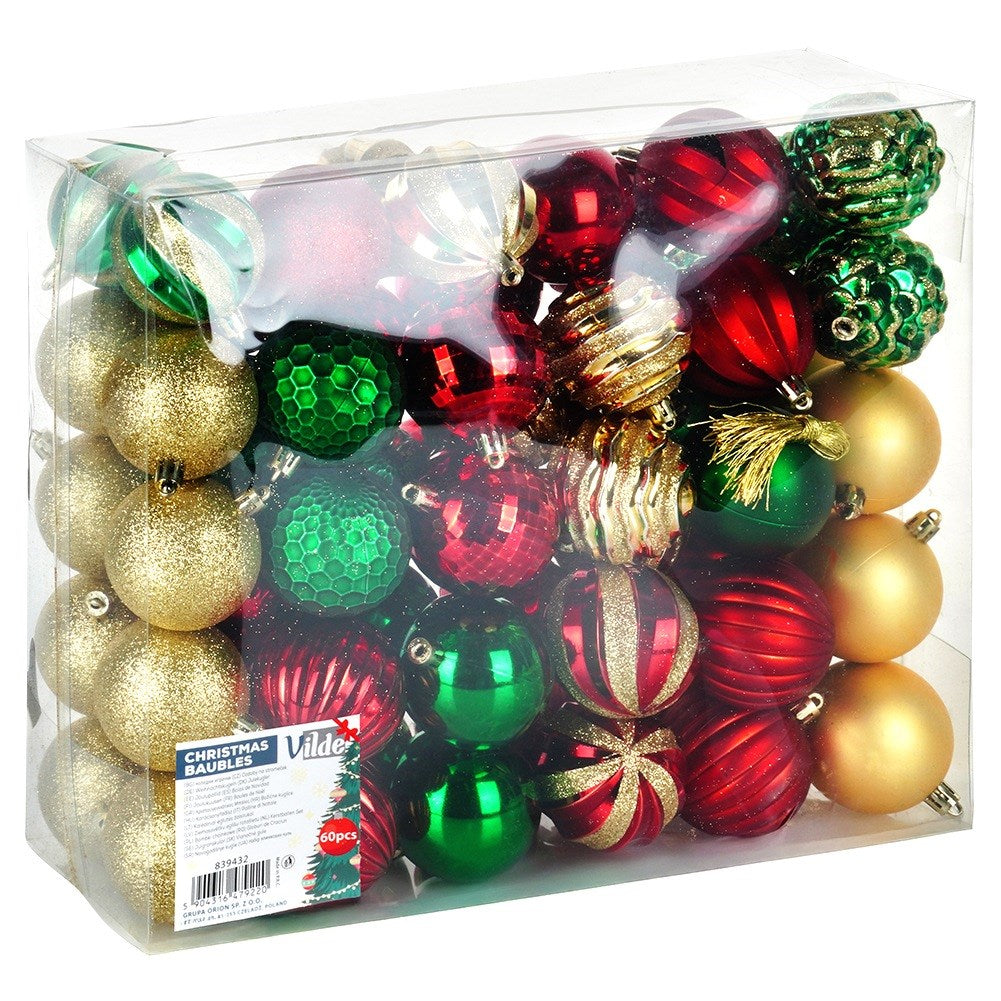 Shatterproof Christmas baubles red green gold 6 cm 60 pcs.