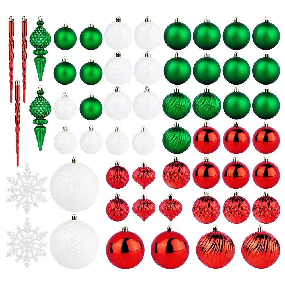 Shatterproof Christmas baubles red green white 57 pcs.
