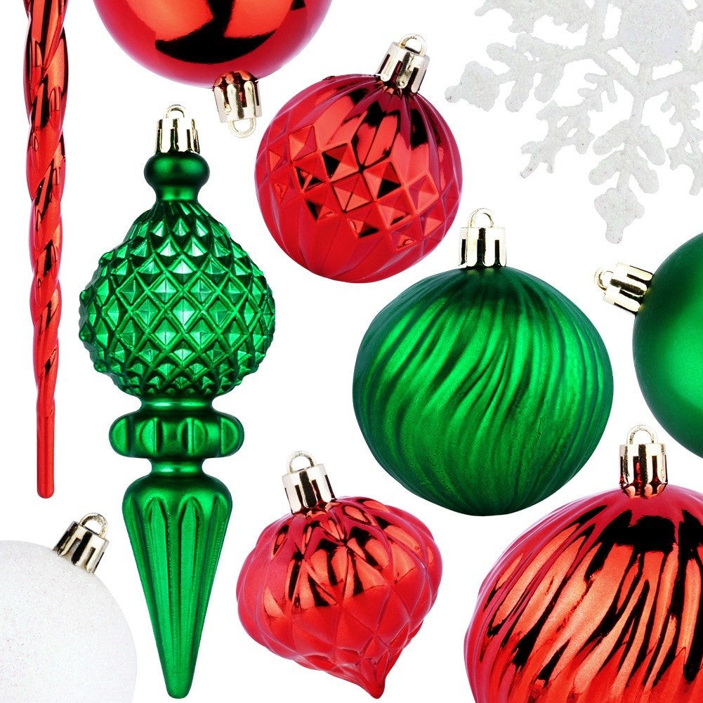 Shatterproof Christmas baubles red green white 57 pcs.