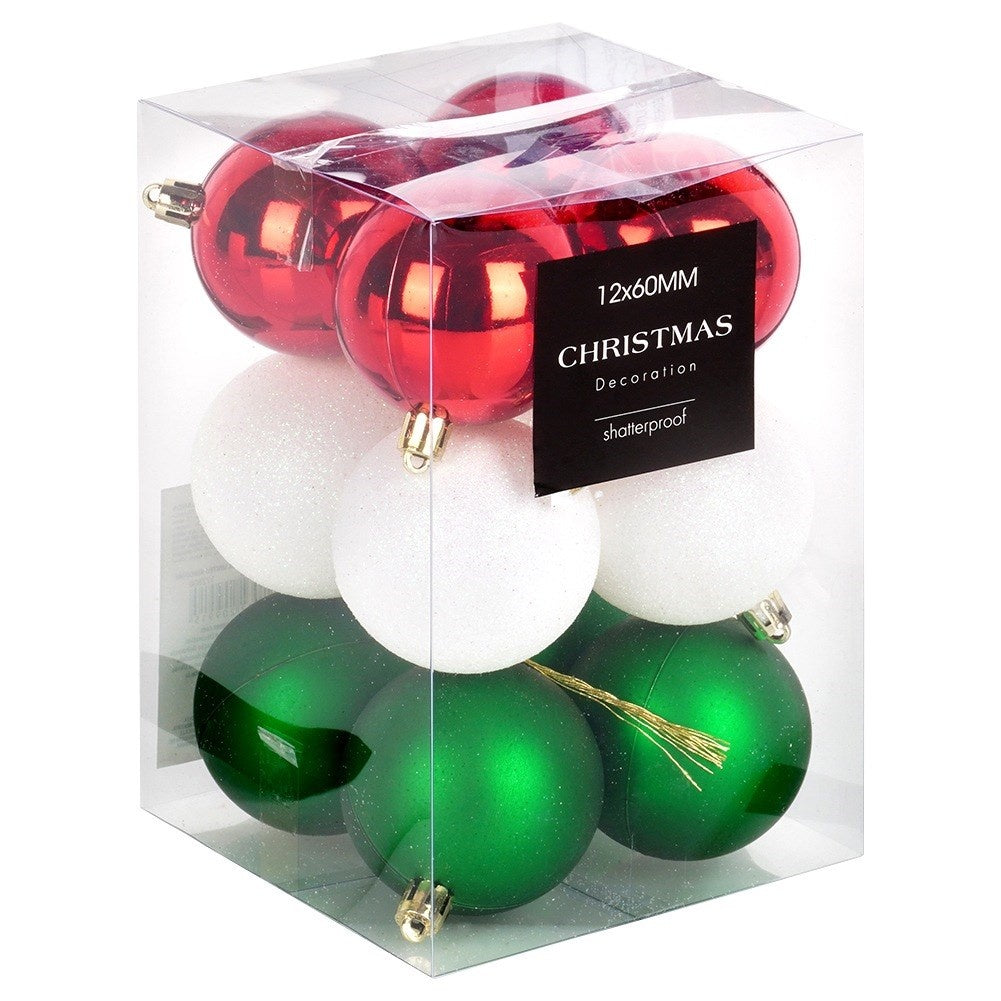 Shatterproof Christmas baubles red green white 6 cm 12 pcs.