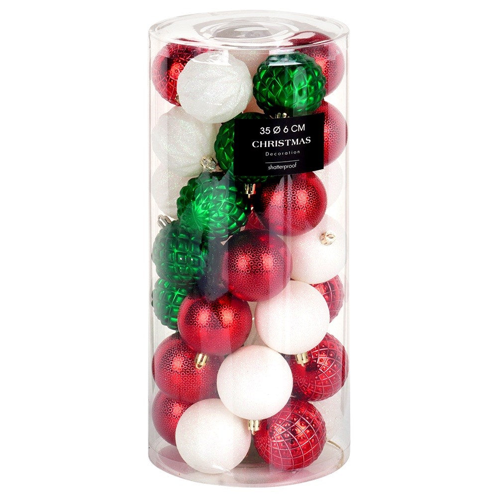 Shatterproof Christmas baubles red green white 6 cm 35 pcs.
