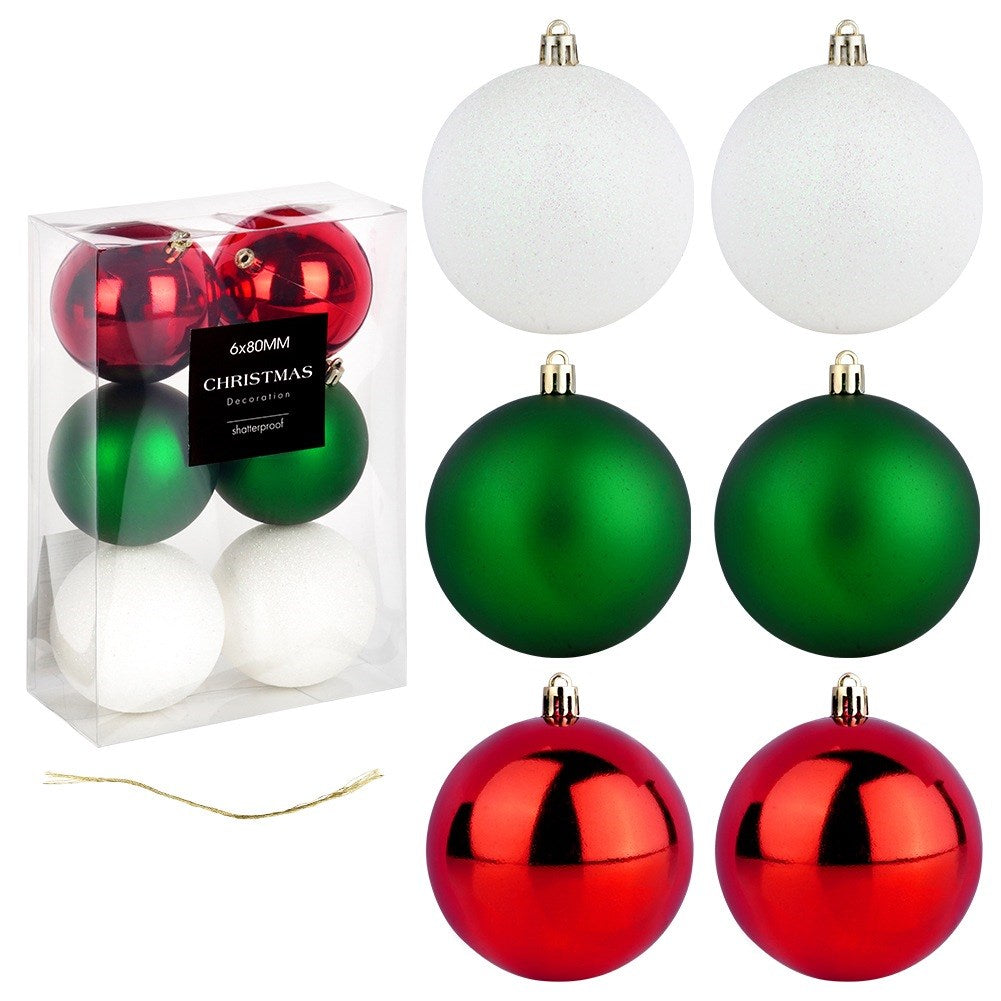 Shatterproof Christmas baubles red green white 8 cm 6 pcs.