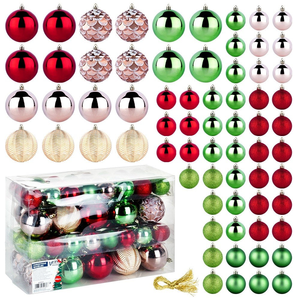Shatterproof Christmas baubles red pink gold green 8/5 cm 68 pcs.
