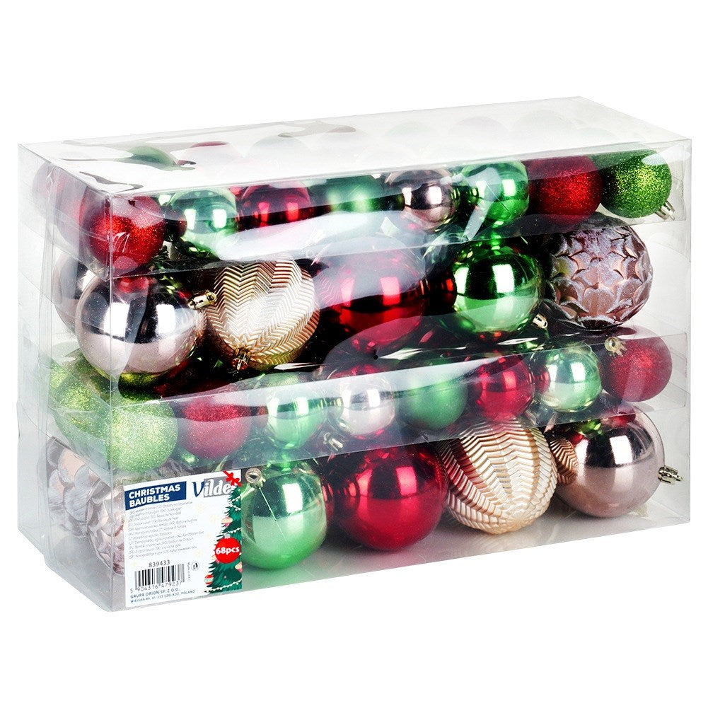Shatterproof Christmas baubles red pink gold green 8/5 cm 68 pcs.