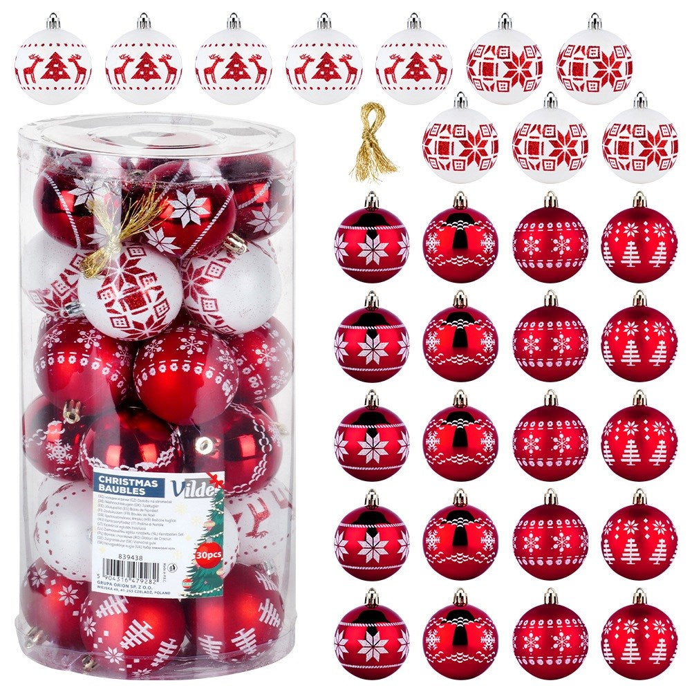 Shatterproof Christmas baubles red white 6 cm 30 pcs.