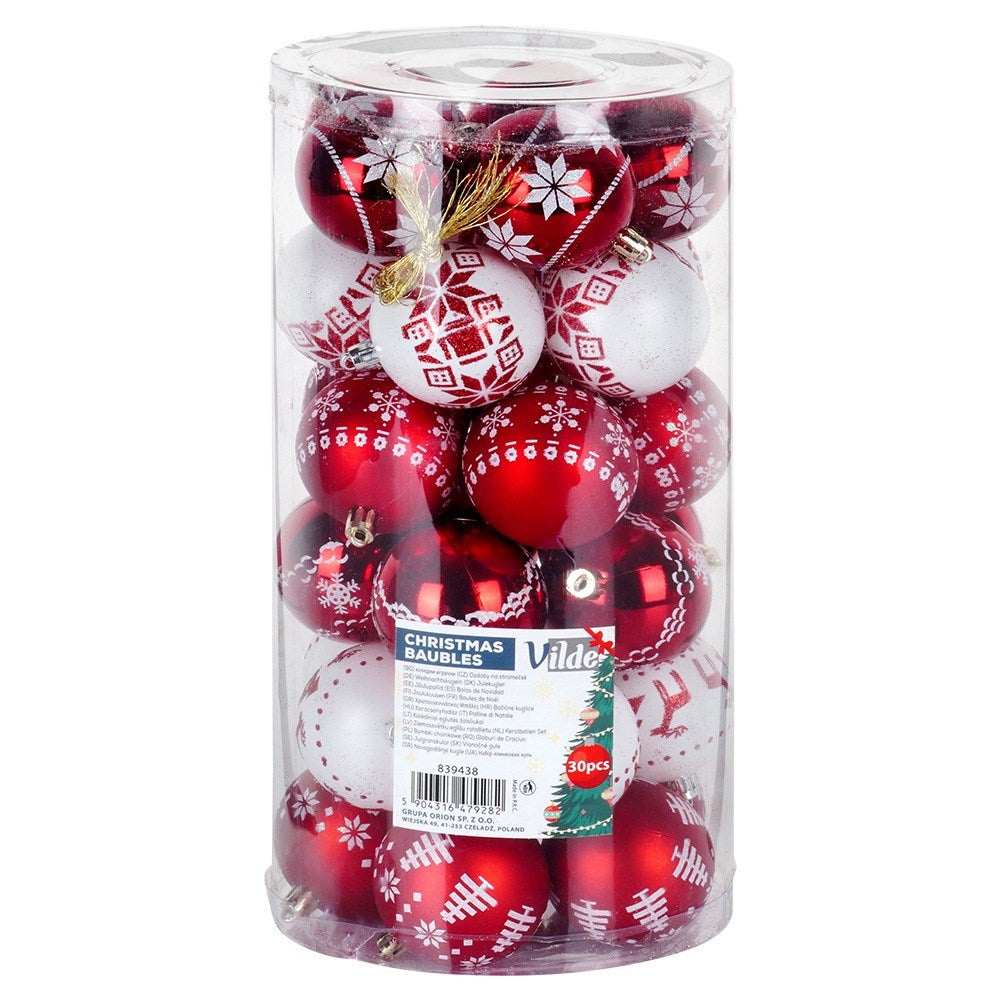 Shatterproof Christmas baubles red white 6 cm 30 pcs.