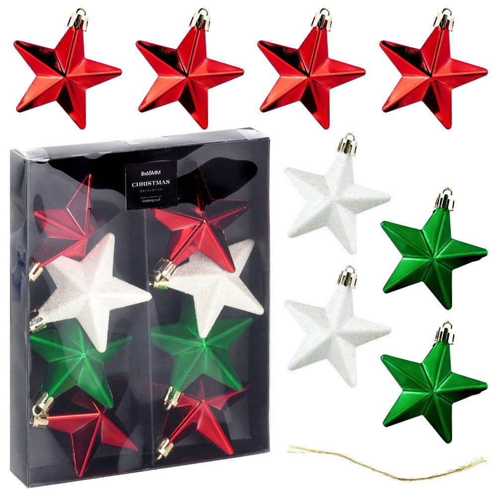 Shatterproof Christmas baubles stars red green white 6.5 cm 8 pcs.