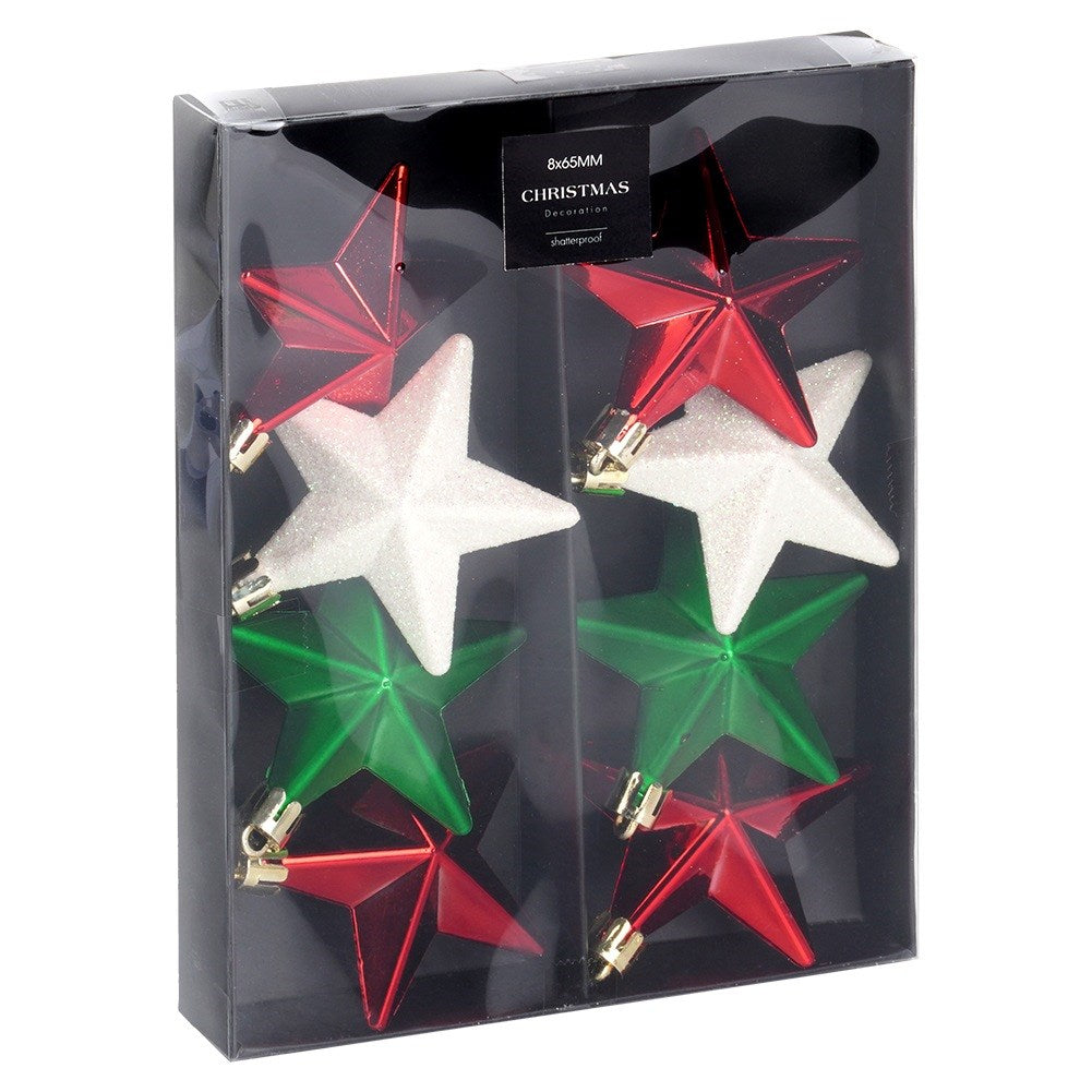 Shatterproof Christmas baubles stars red green white 6.5 cm 8 pcs.