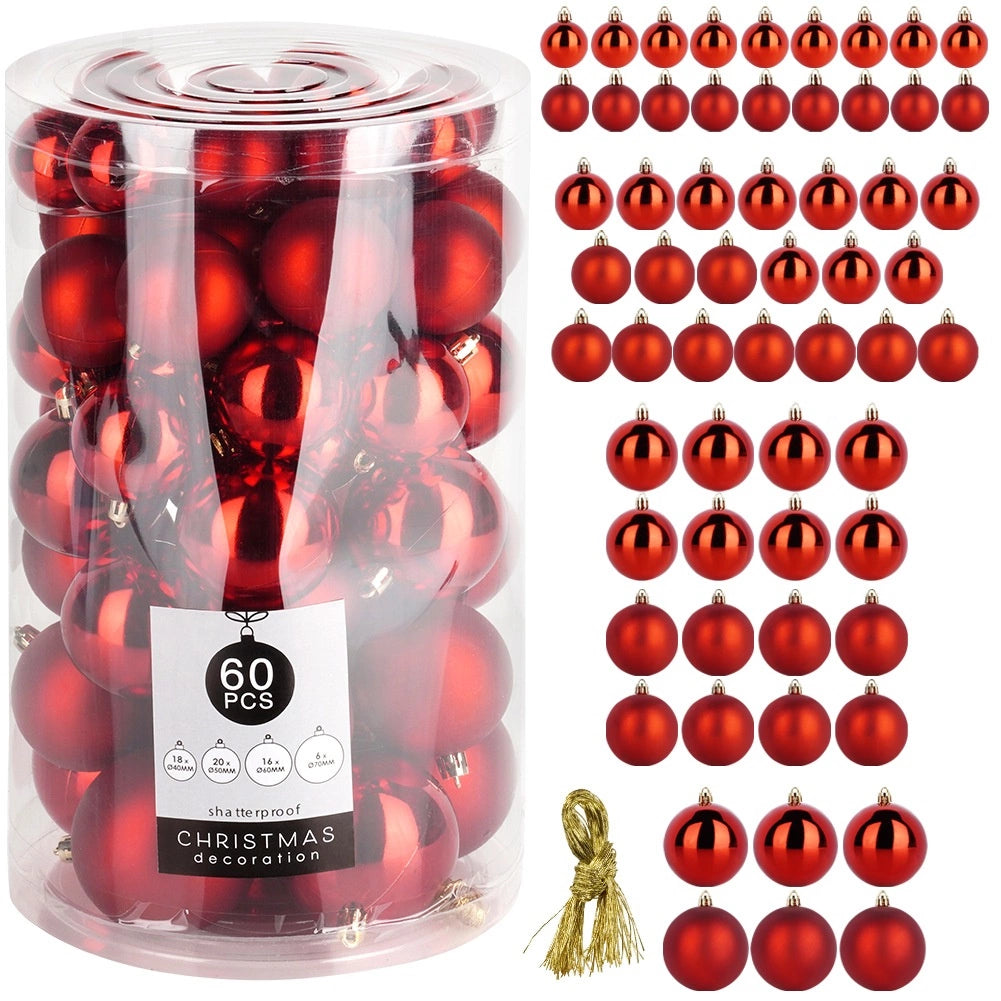 Shatterproof Red Christmas Baubles Set, 60 Pcs, 4-7 cm