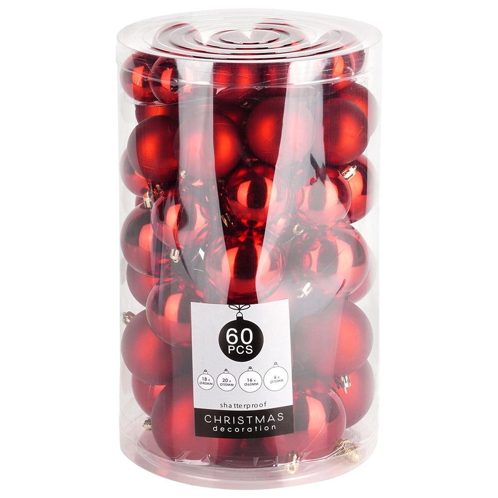 Shatterproof Red Christmas Baubles Set, 60 Pcs, 4-7 cm