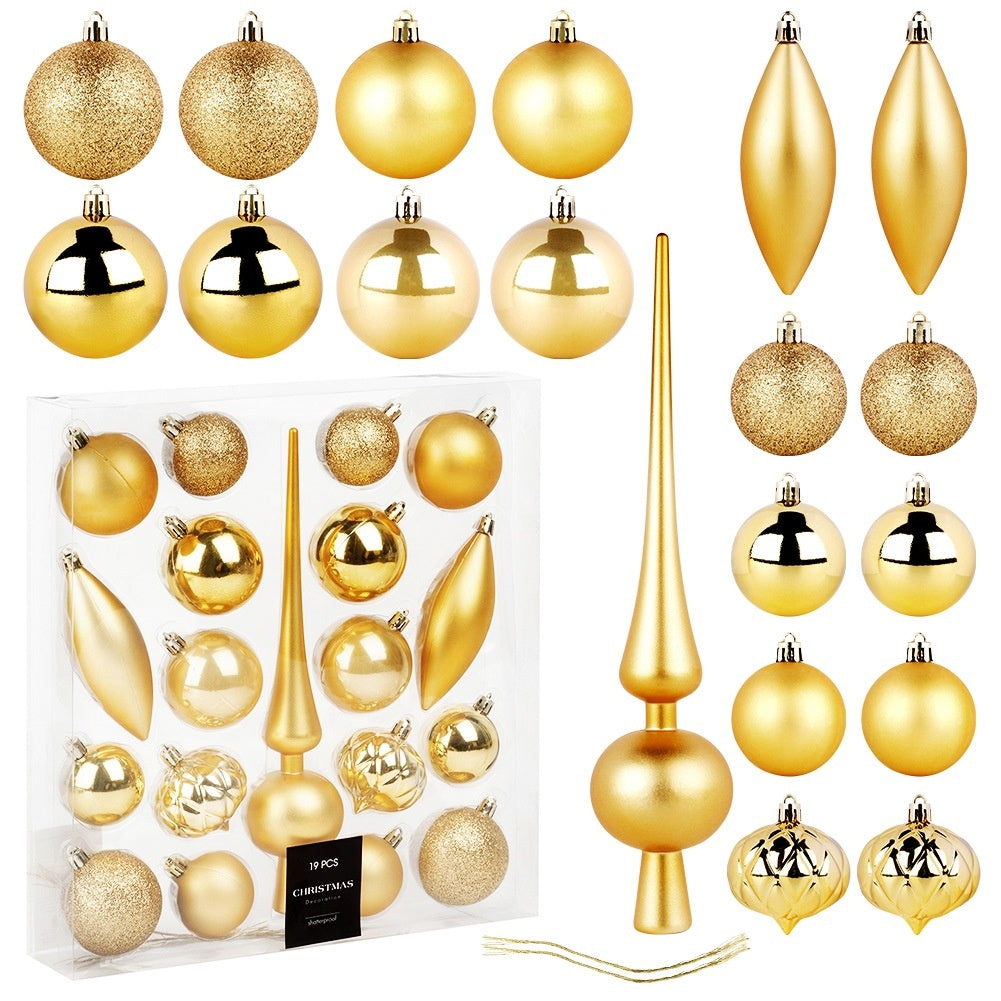 Shatterproof gold Christmas tree baubles with spike, 19 pcs.