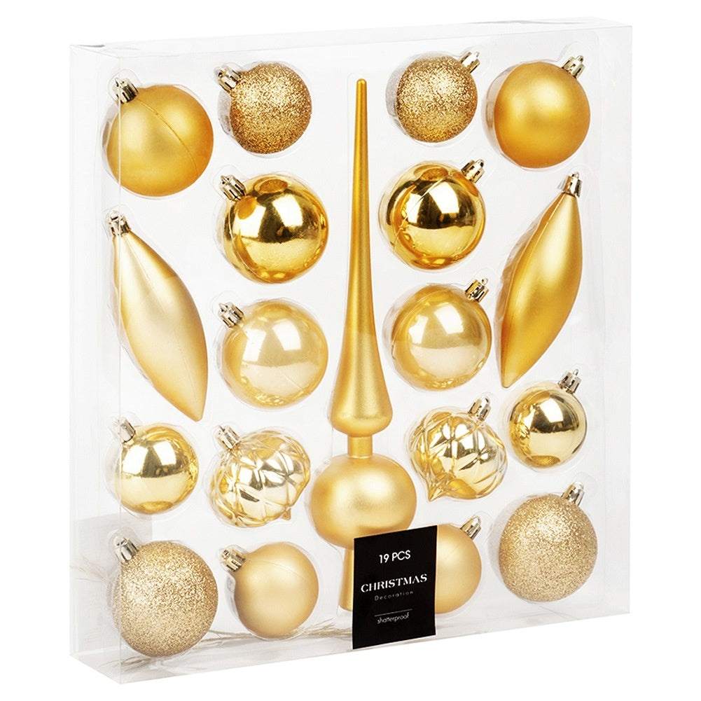 Shatterproof gold Christmas tree baubles with spike, 19 pcs.