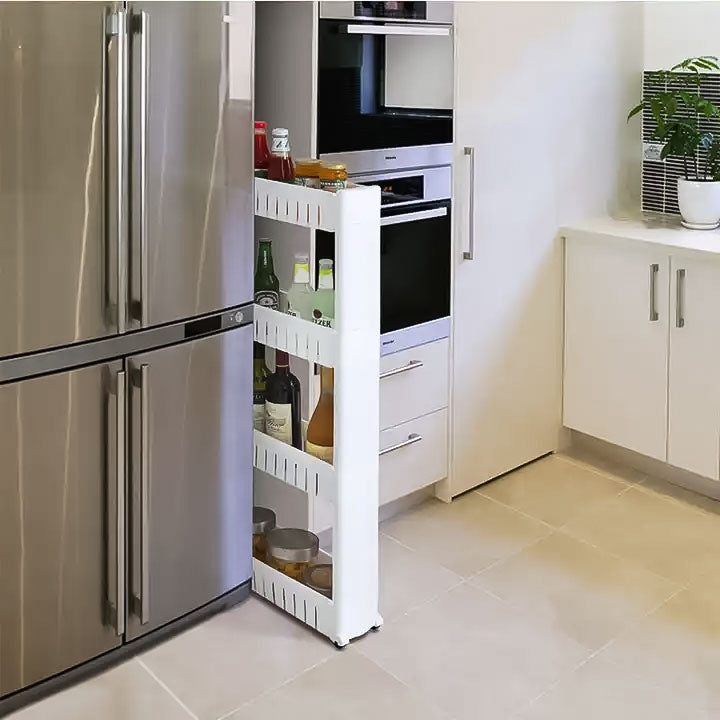 Shelf trolley, bathroom kitchen cabinet, 4 deep shelves, wheels