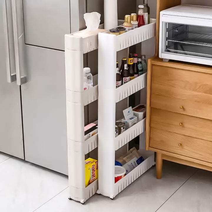 Shelf trolley, bathroom kitchen cabinet, 4 deep shelves, wheels