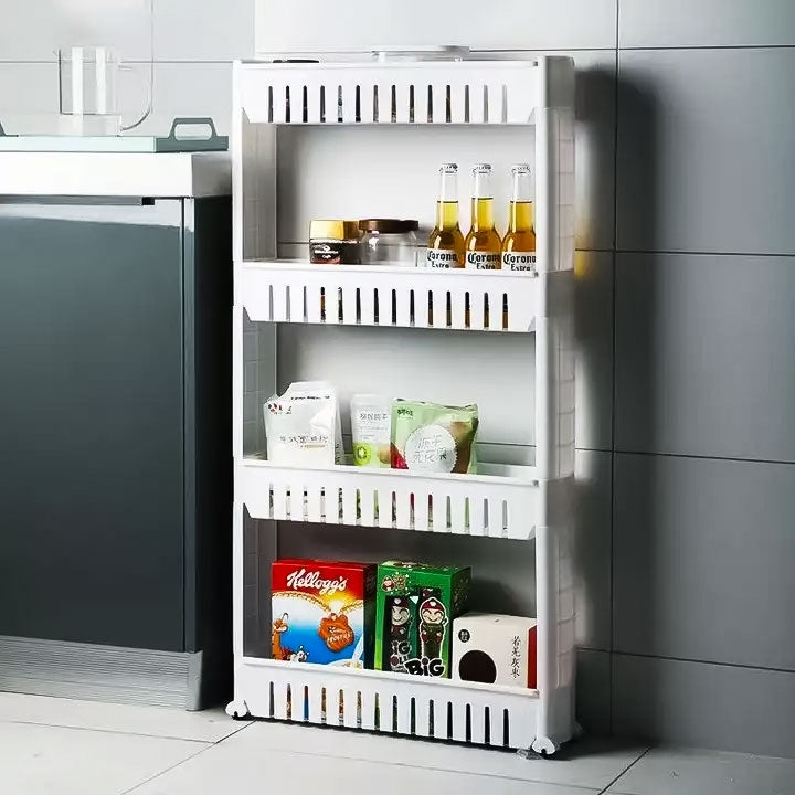 Shelf trolley, bathroom kitchen cabinet, 4 deep shelves, wheels