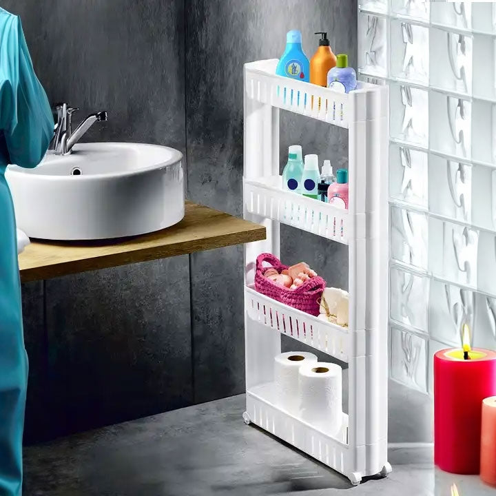 Shelf trolley, bathroom kitchen cabinet, 4 deep shelves, wheels