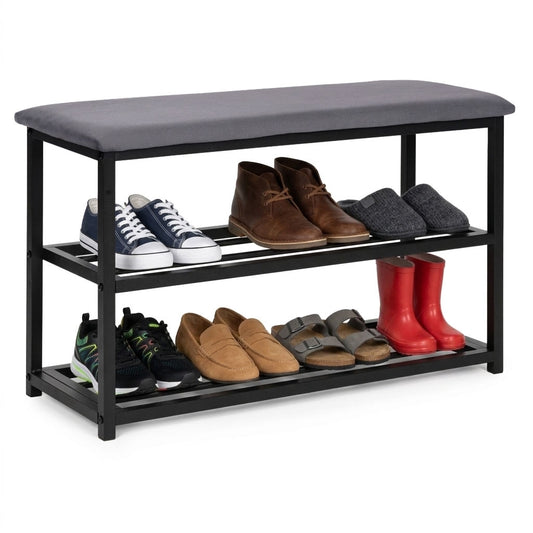 Shoe Cabinet Bench with Velvet Seat, 2 Shelves, 80 cm