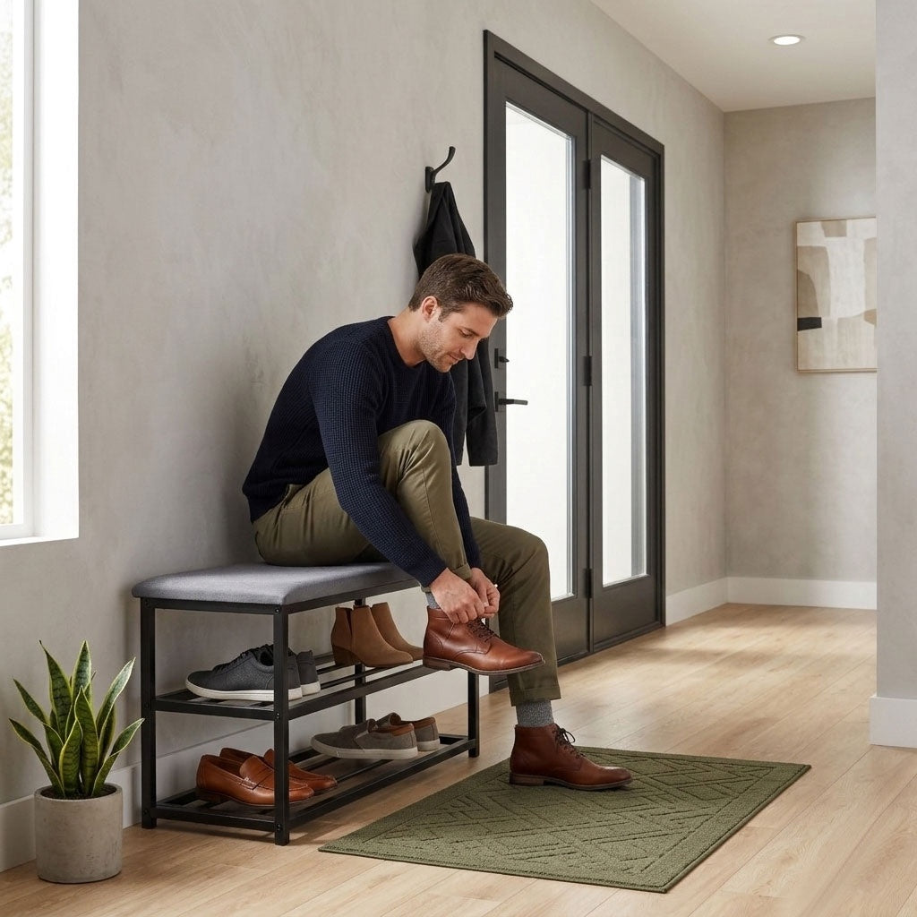 Shoe Cabinet Bench with Velvet Seat, 2 Shelves, 80 cm