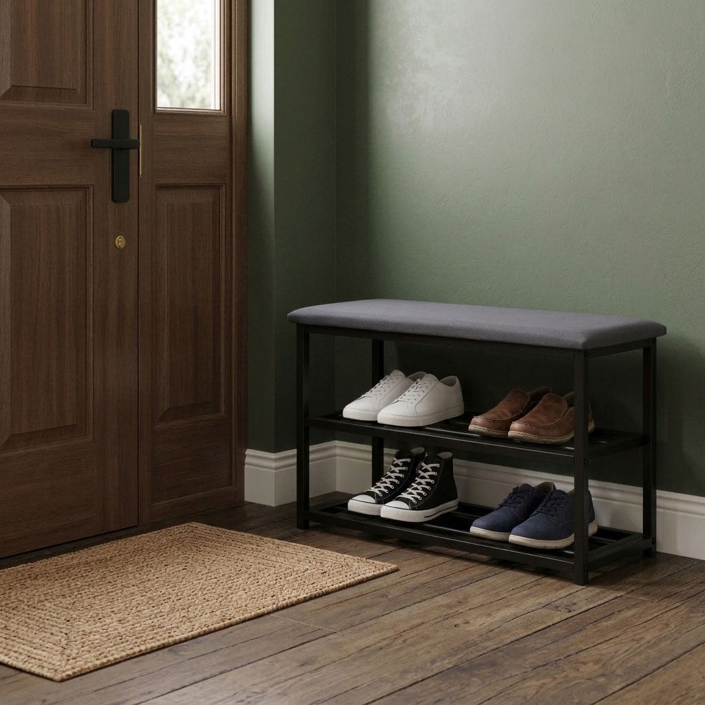Shoe Cabinet Bench with Velvet Seat, 2 Shelves, 80 cm