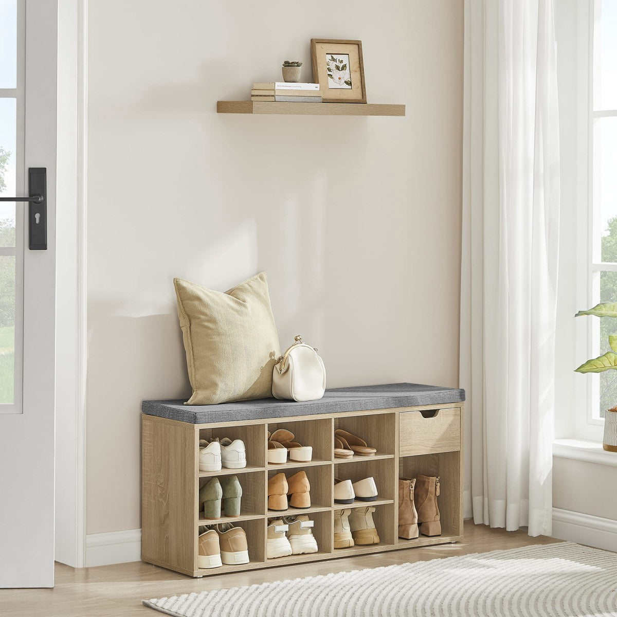 Shoe Cabinet with Seat, 10 Shelves, Sonoma Finish