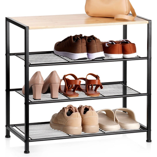 Shoe Rack Black Metal 4-Tier with Shelf 60x30x57 cm