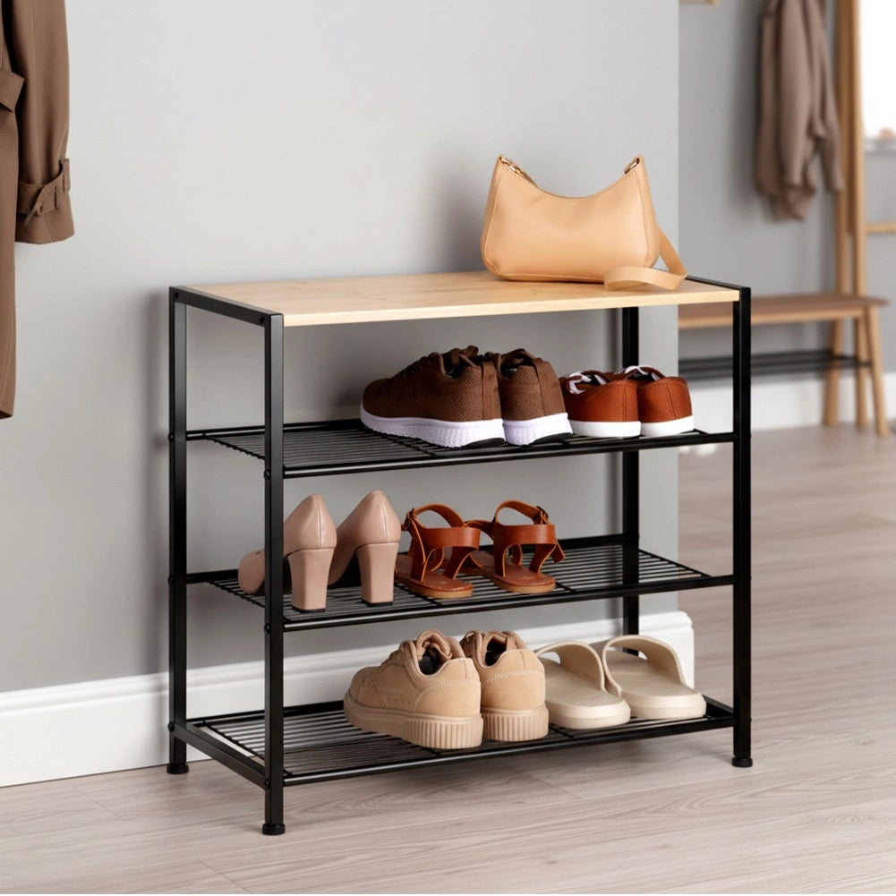 Shoe Rack Black Metal 4-Tier with Shelf 60x30x57 cm